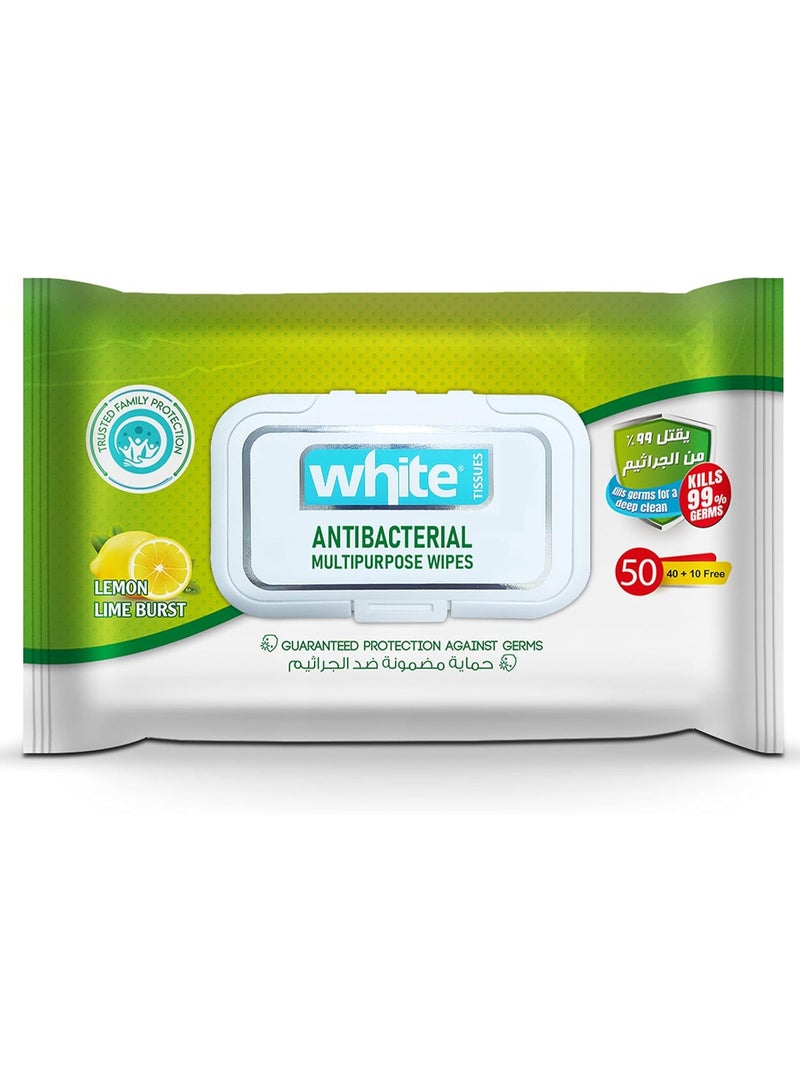 White TISSUES Anti Bacterial Wipes With Lemon Burst 50 Wipes